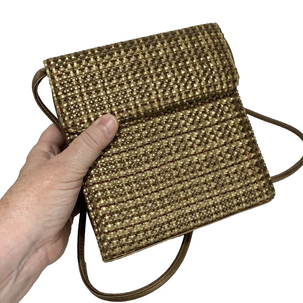 Vintage Mid Century Box Style Purse Shoulder Bag Brown Gold Woven Elegant Chic
